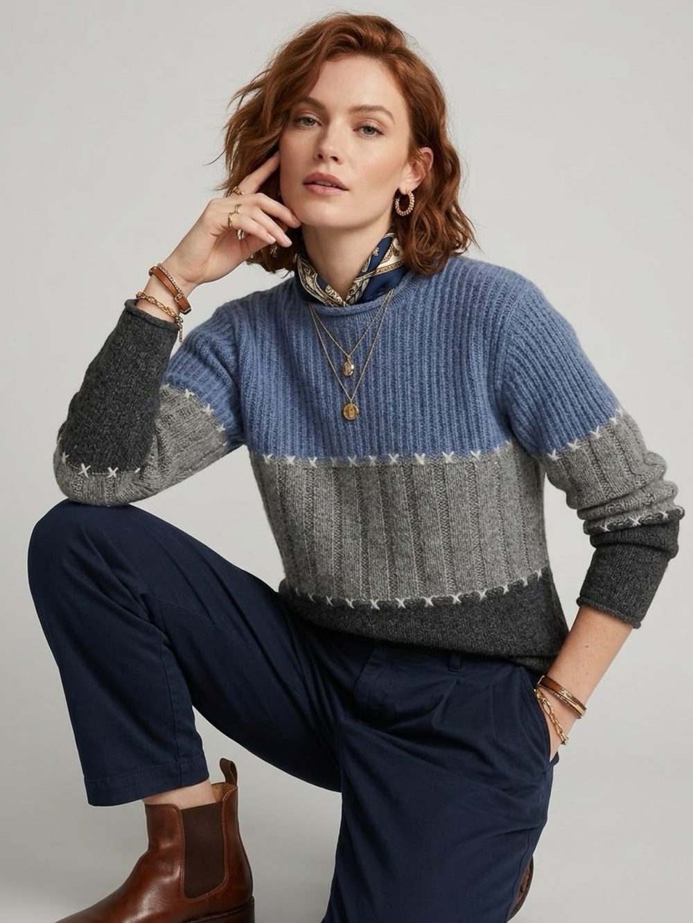 Newton Trading Co Wool Shetland Sweater Small Colorblock Blue Gray Ribbed Knit